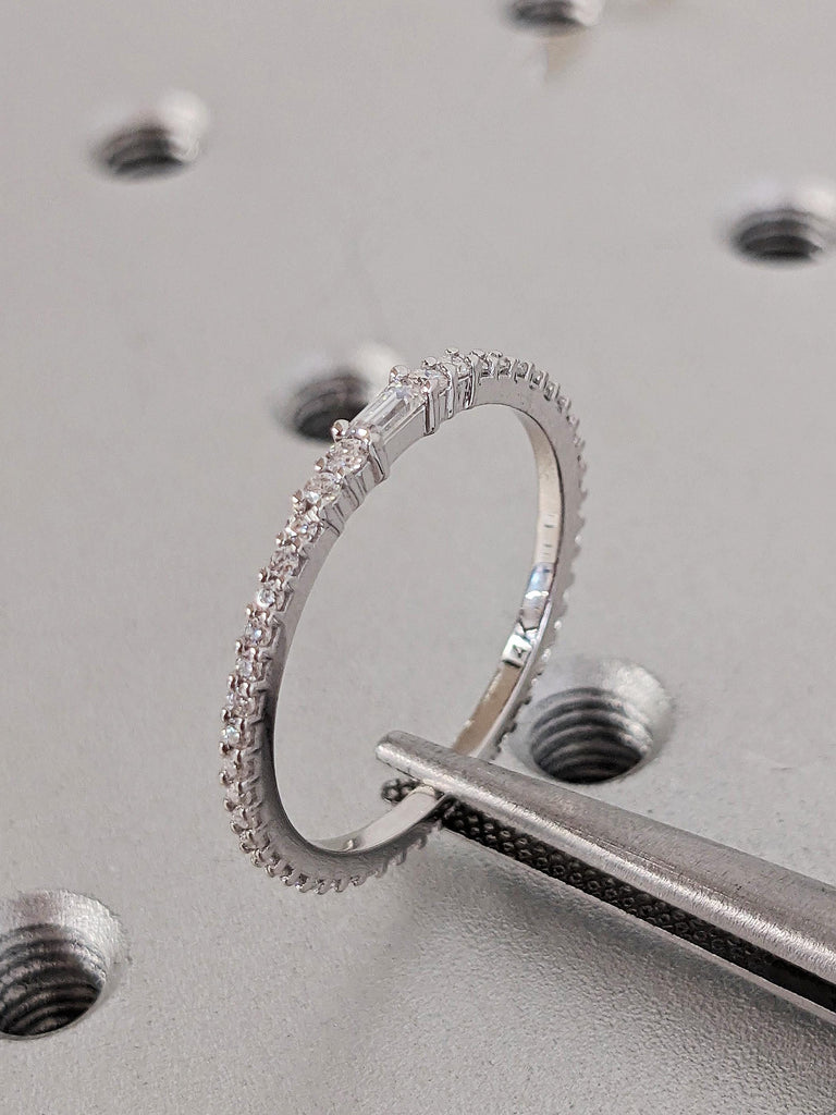 Diamond Stacking Ring, Dainty 14K Gold White Diamond Wedding Band, Thin Full Eternity Matching Engagement Ring, Custom Bridal Jewelry