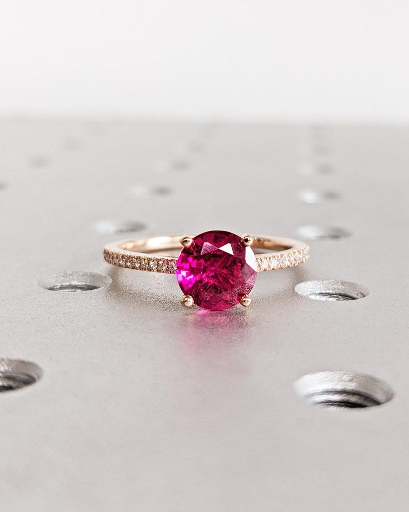 Round Ruby Ring: 14K Rose Gold, Lab Ruby, Half Eternity Pavé Moissanites, Dainty Promise Ring