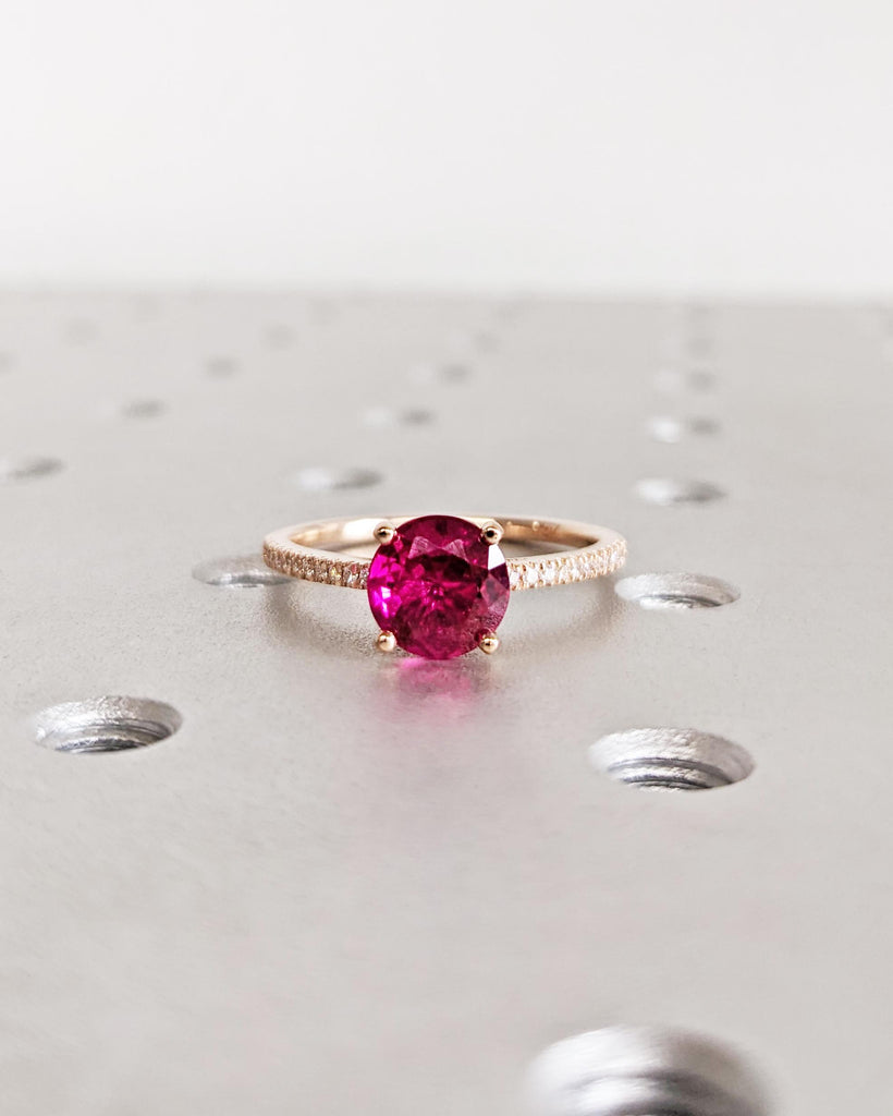 Round Ruby Ring: 14K Rose Gold, Lab Ruby, Half Eternity Pavé Moissanites, Dainty Promise Ring