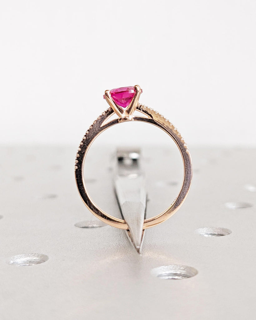Vintage Ruby & Moissanite Engagement Ring for Women | 14K Rose Gold Ruby Ring | Round Cut Lab Ruby | Cathedral Setting | Half Eternity Band