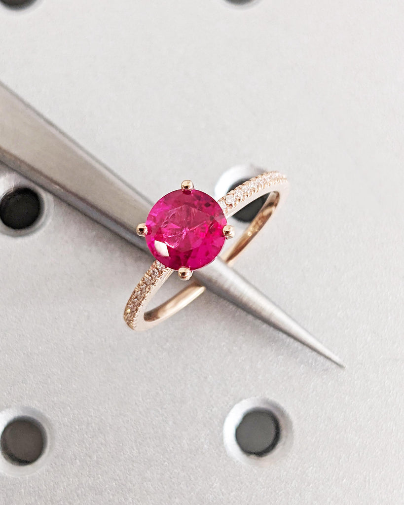 Vintage Ruby & Moissanite Engagement Ring for Women | 14K Rose Gold Ruby Ring | Round Cut Lab Ruby | Cathedral Setting | Half Eternity Band