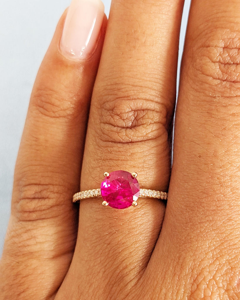 Round Ruby Ring: 14K Rose Gold, Lab Ruby, Half Eternity Pavé Moissanites, Dainty Promise Ring