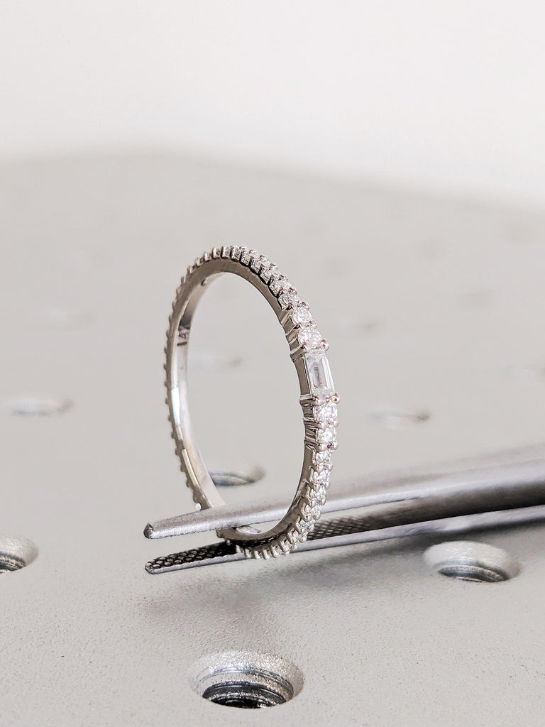 Diamond Stacking Ring, Dainty 14K Gold White Diamond Wedding Band, Thin Full Eternity Matching Engagement Ring, Custom Bridal Jewelry