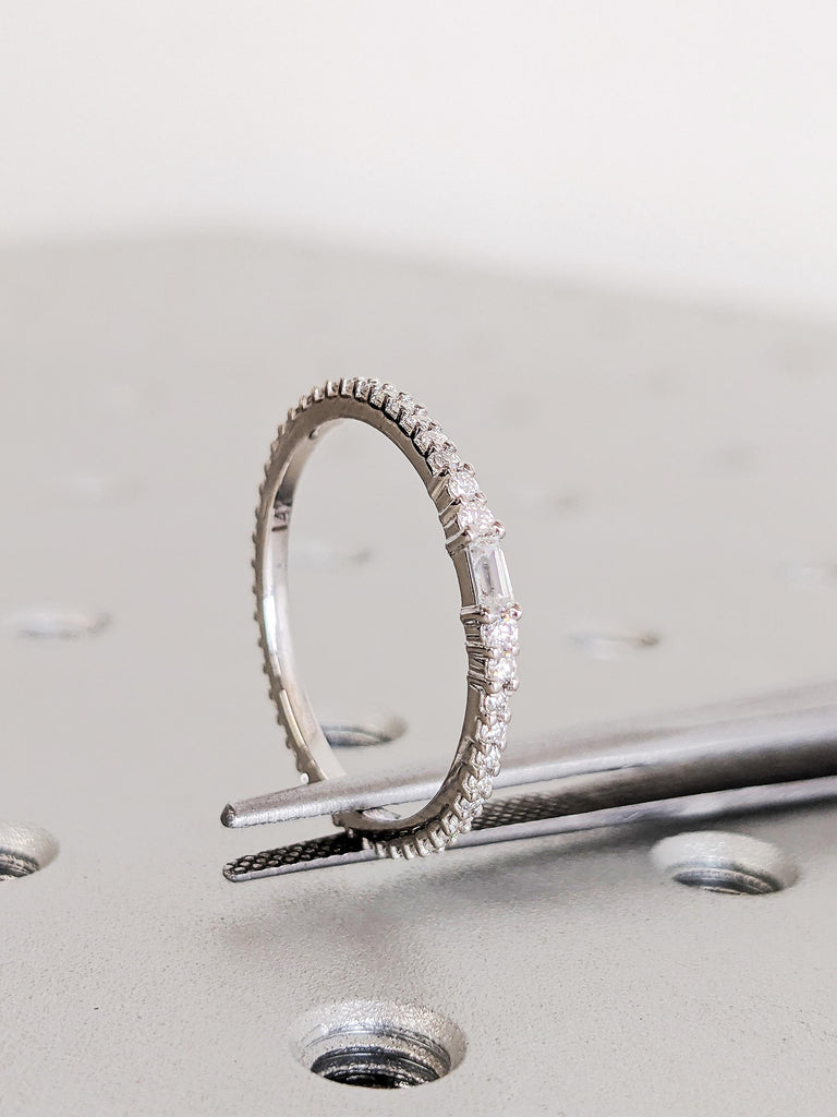 Diamond Stacking Ring, Dainty 14K Gold White Diamond Wedding Band, Thin Full Eternity Matching Engagement Ring, Custom Bridal Jewelry