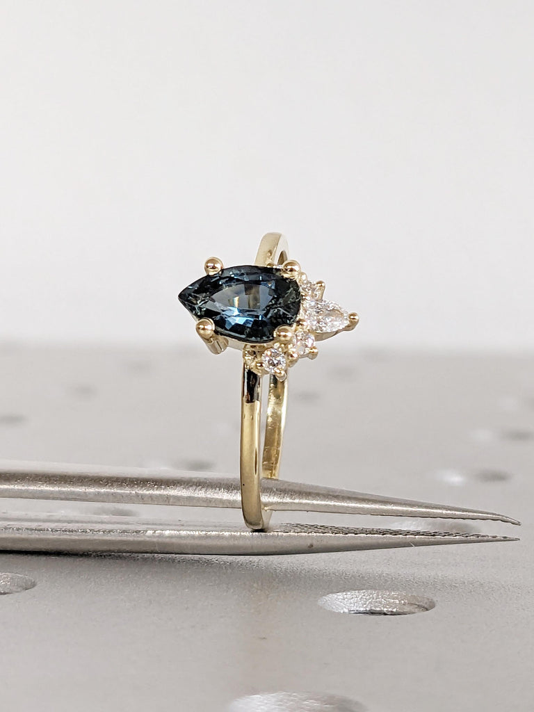 1 Carat Teal Sapphire Engagement Ring, Moissanite and Sapphire Ring, Dainty 14k Yellow Gold Promise Ring for Women, Blue Green Gemstone Ring