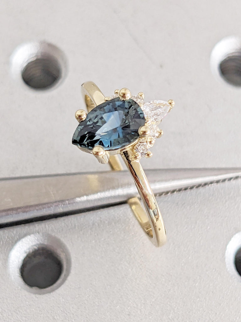 1ct Pear Cut Diamond & Montana Sapphire Engagement Ring, 14k Solid Gold Birthstone Ring