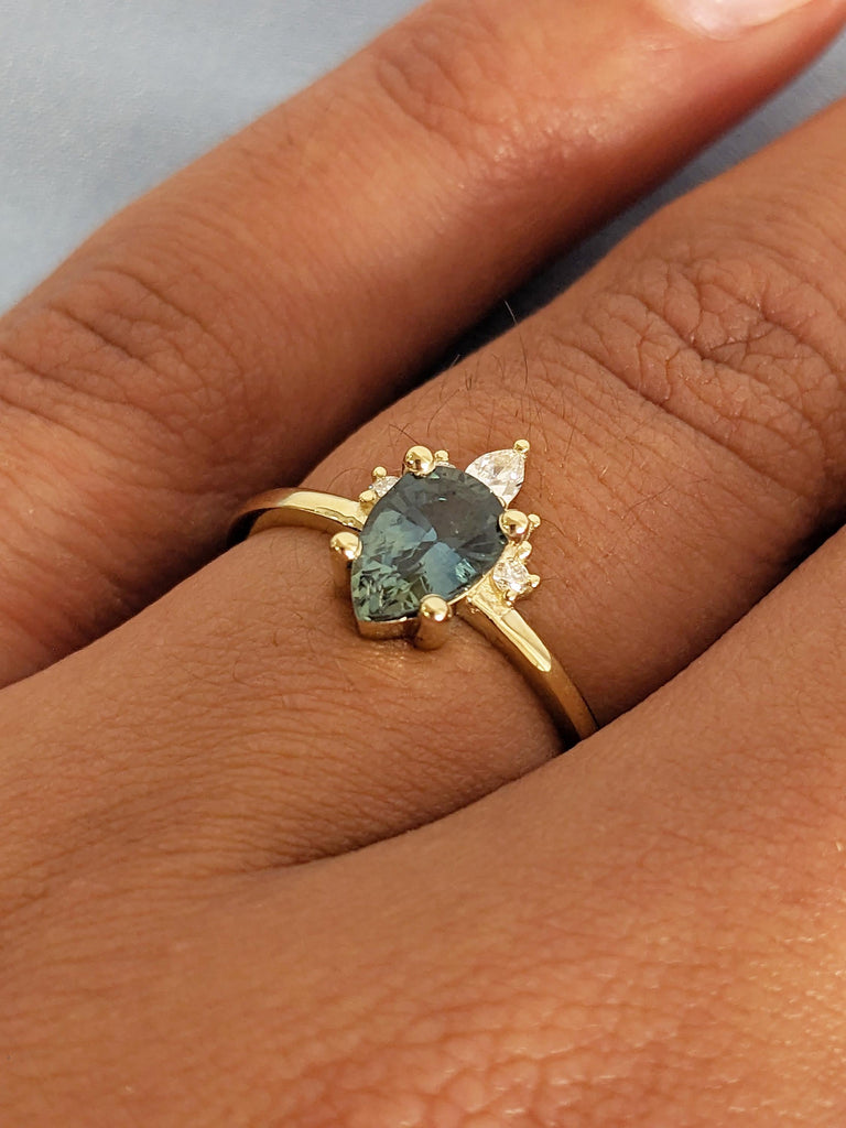 1ct Pear Cut Diamond & Montana Sapphire Engagement Ring, 14k Solid Gold Birthstone Ring