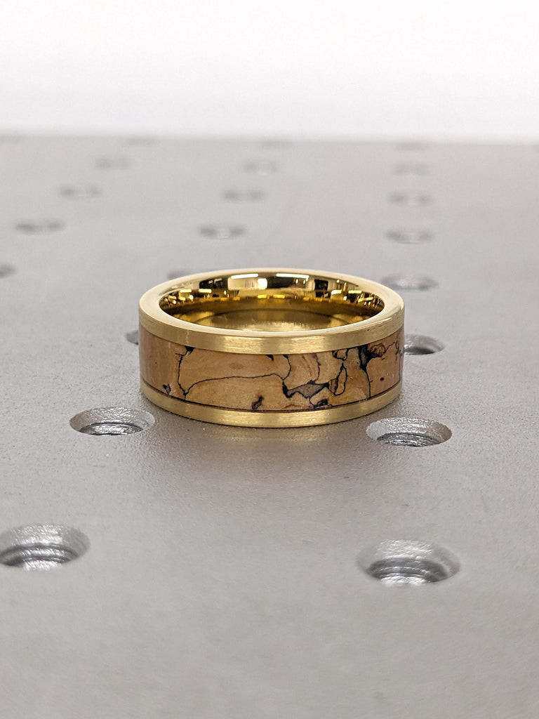Yellow Gold Tungsten Ring Men&#39;s Jewelry | Dinosaur Fossil Bone Inlay Unique Wedding Band | Rustic Manly Bands | Gift for Husband