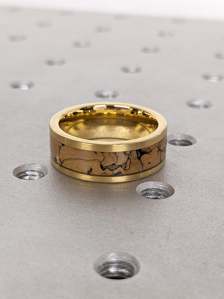 Yellow Gold Tungsten Ring Men's Jewelry | Dinosaur Fossil Bone Inlay Unique Wedding Band | Rustic Manly Bands | Gift for Husband