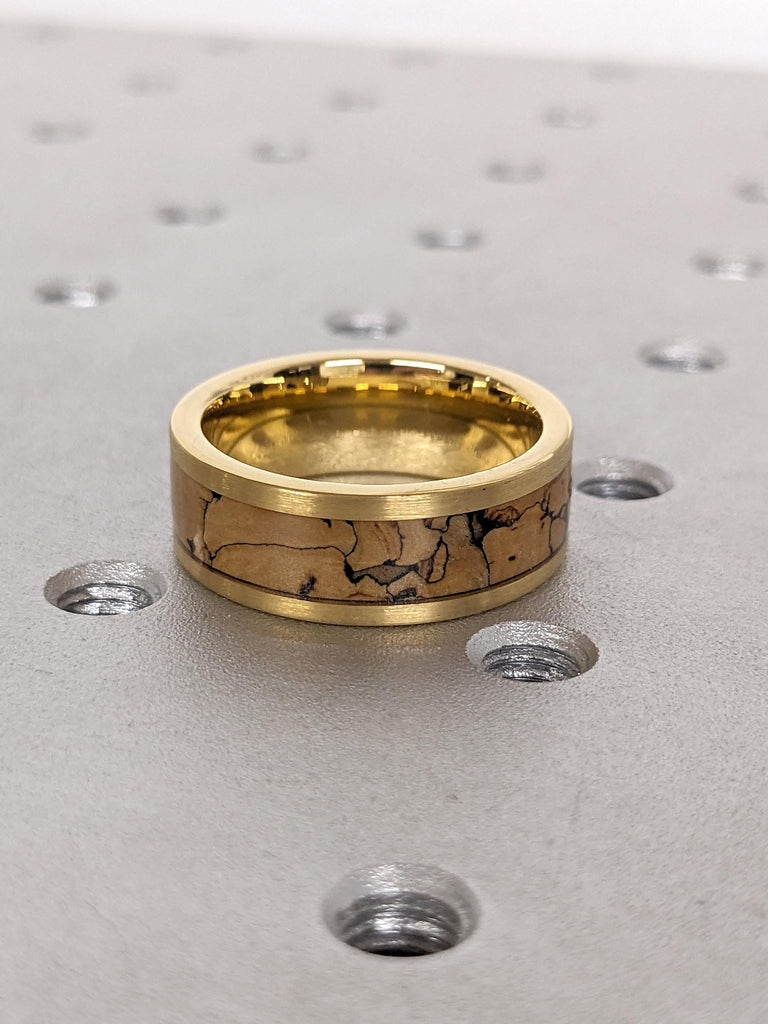 8MM Brushed Tungsten Carbide Male Wedding Ring: Comfort Fit, Fossil Bone Pattern, Yellow Gold Plated