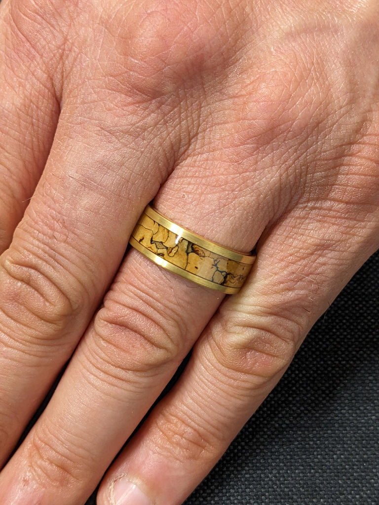 Yellow Gold Tungsten Ring Men's Jewelry | Dinosaur Fossil Bone Inlay Unique Wedding Band | Rustic Manly Bands | Gift for Husband