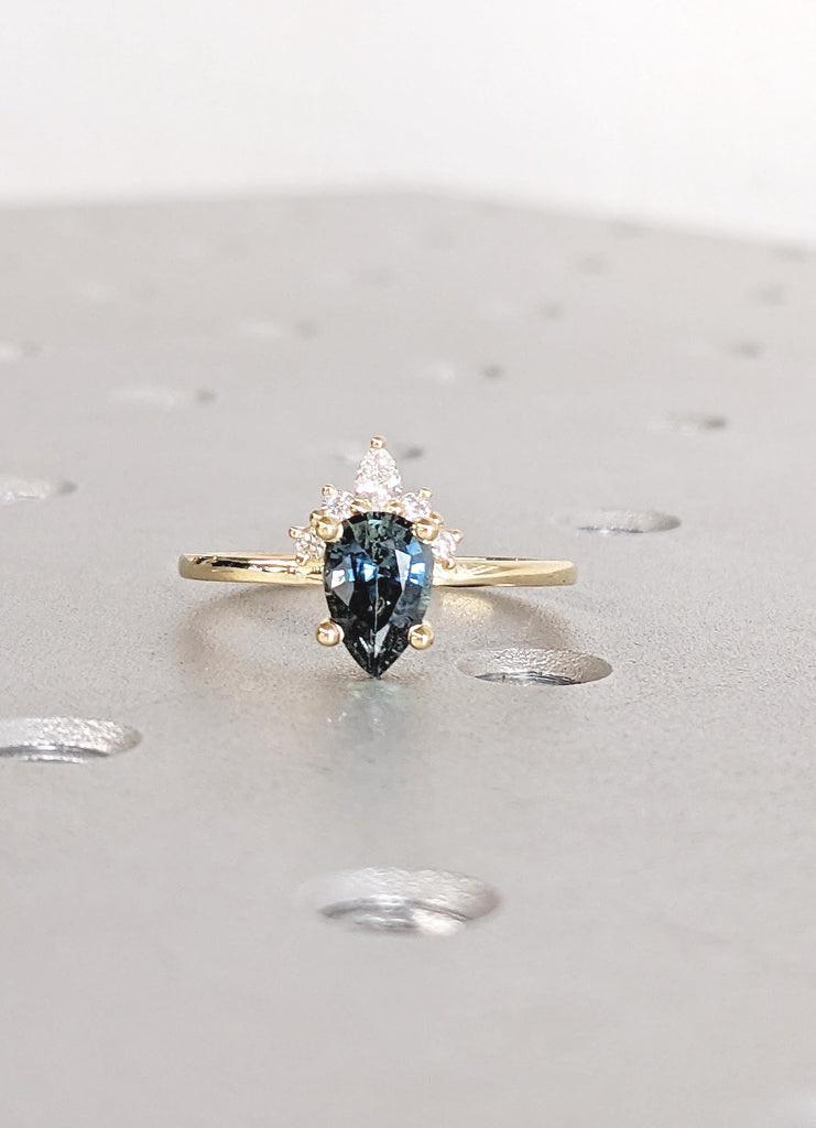 1 Carat Teal Sapphire Engagement Ring, Moissanite and Sapphire Ring, Dainty 14k Yellow Gold Promise Ring for Women, Blue Green Gemstone Ring