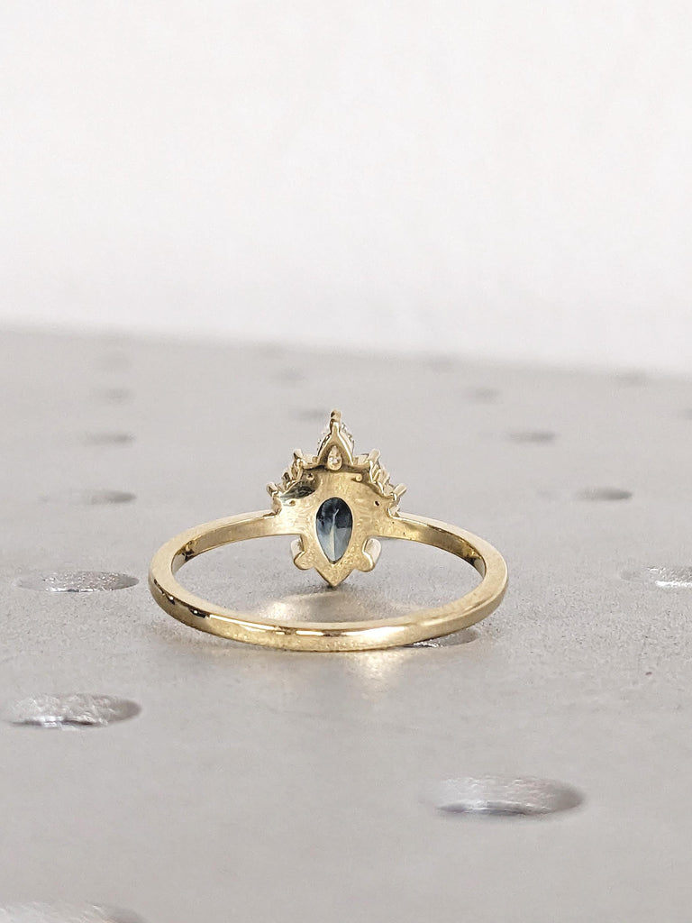 1ct Pear Cut Diamond & Montana Sapphire Engagement Ring, 14k Solid Gold Birthstone Ring