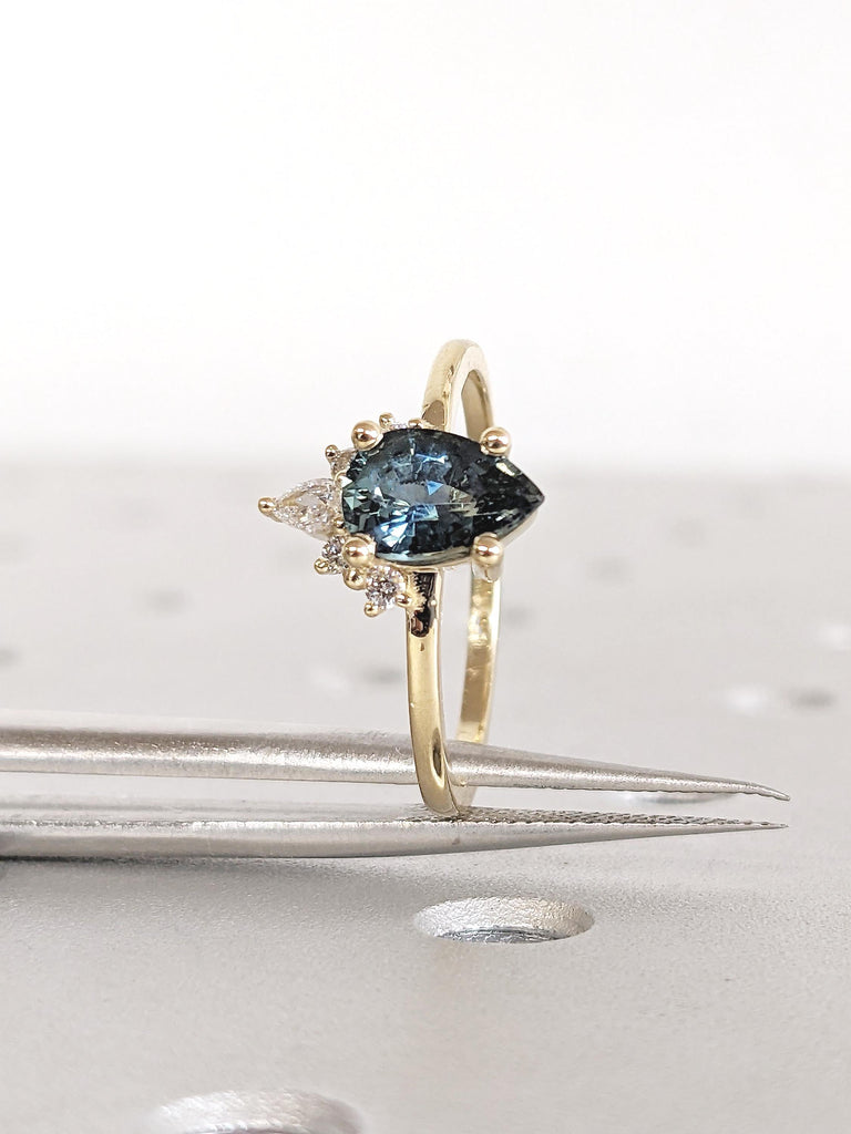 1 Carat Teal Sapphire Engagement Ring, Moissanite and Sapphire Ring, Dainty 14k Yellow Gold Promise Ring for Women, Blue Green Gemstone Ring