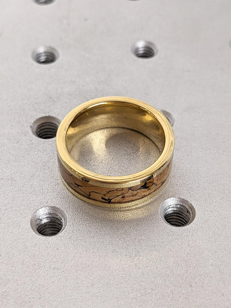 Scratch Resistant Tungsten Carbide 8MM Wedding Ring | Unique Fossil Bone Inlay Yellow Gold Men's Ring | Polished Finish Handmade Jewelry