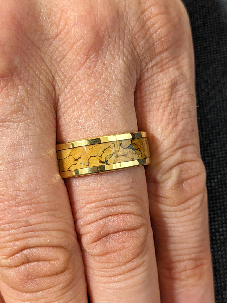 Scratch Resistant Tungsten Carbide 8MM Wedding Ring | Unique Fossil Bone Inlay Yellow Gold Men's Ring | Polished Finish Handmade Jewelry