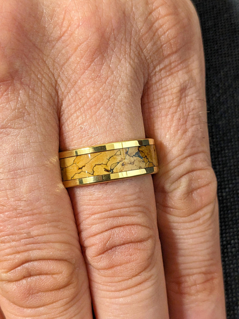 Rustic Mens' Engagement Ring in Yellow Gold Plated Tungsten: 8MM Wide, Comfort Fit, Dinosaur Bone Pattern Inlay, Polished Finishing