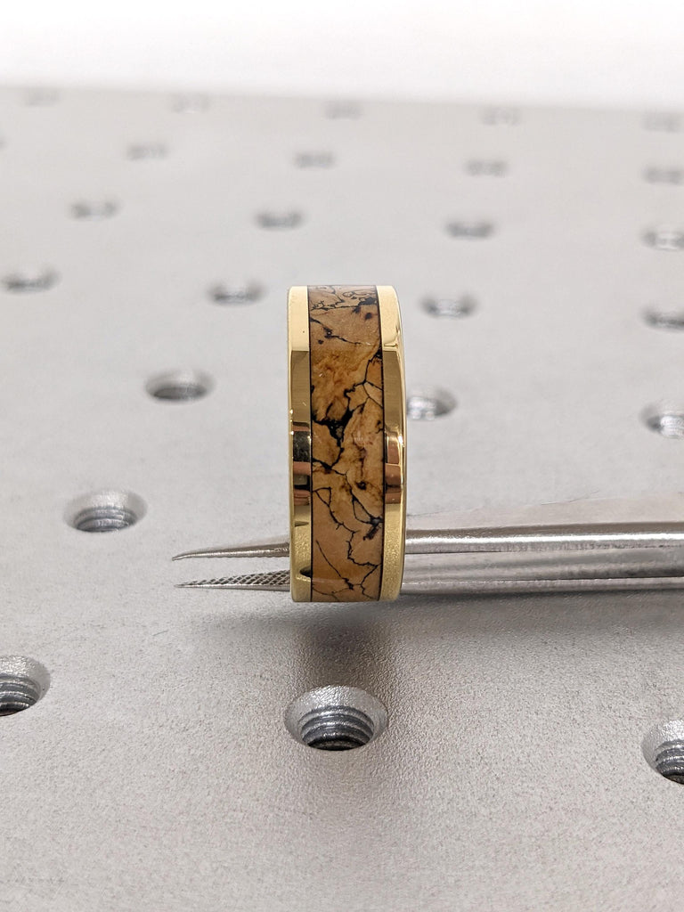 Rustic Mens' Engagement Ring in Yellow Gold Plated Tungsten: 8MM Wide, Comfort Fit, Dinosaur Bone Pattern Inlay, Polished Finishing