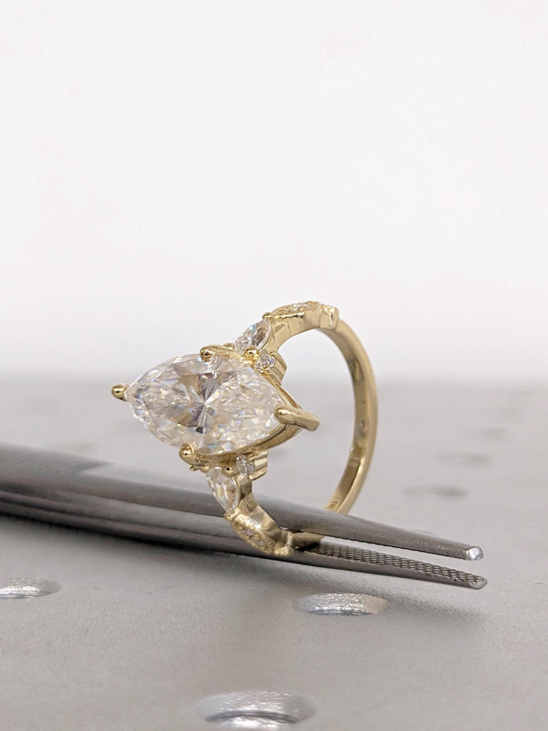 Marquise Moissanite Ring: 14K Yellow Gold Milgrain Engagement Ring