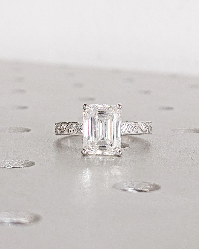 Moissanite Filigree Ring | Emerald Cut Moissanite Engagement Ring | Art Deco Engraved 14K Gold Flower Ring | Unique Vintage Anniversary Ring