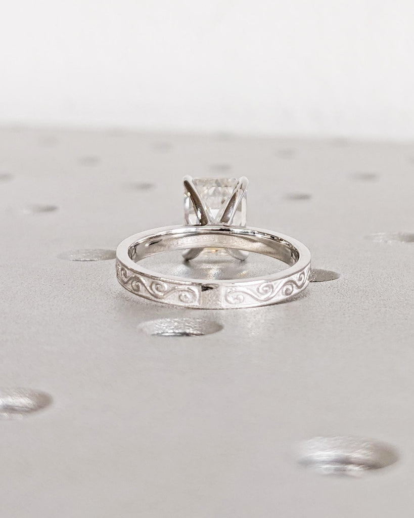 Moissanite Filigree Ring | Emerald Cut Moissanite Engagement Ring | Art Deco Engraved 14K Gold Flower Ring | Unique Vintage Anniversary Ring
