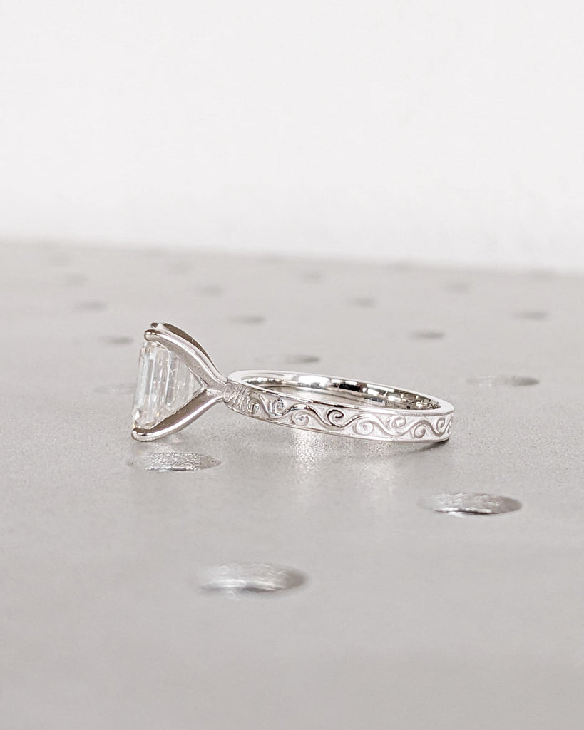 Moissanite Filigree Ring | Emerald Cut Moissanite Engagement Ring | Art Deco Engraved 14K Gold Flower Ring | Unique Vintage Anniversary Ring