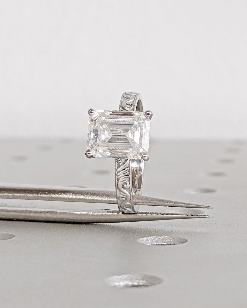 Moissanite Filigree Ring | Emerald Cut Moissanite Engagement Ring | Art Deco Engraved 14K Gold Flower Ring | Unique Vintage Anniversary Ring