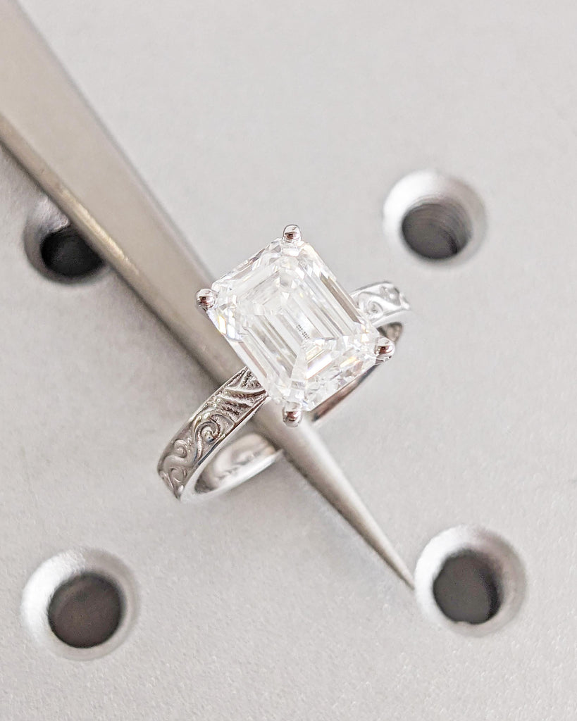 Moissanite Filigree Ring | Emerald Cut Moissanite Engagement Ring | Art Deco Engraved 14K Gold Flower Ring | Unique Vintage Anniversary Ring