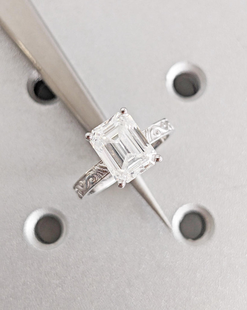 Moissanite Filigree Ring | Emerald Cut Moissanite Engagement Ring | Art Deco Engraved 14K Gold Flower Ring | Unique Vintage Anniversary Ring