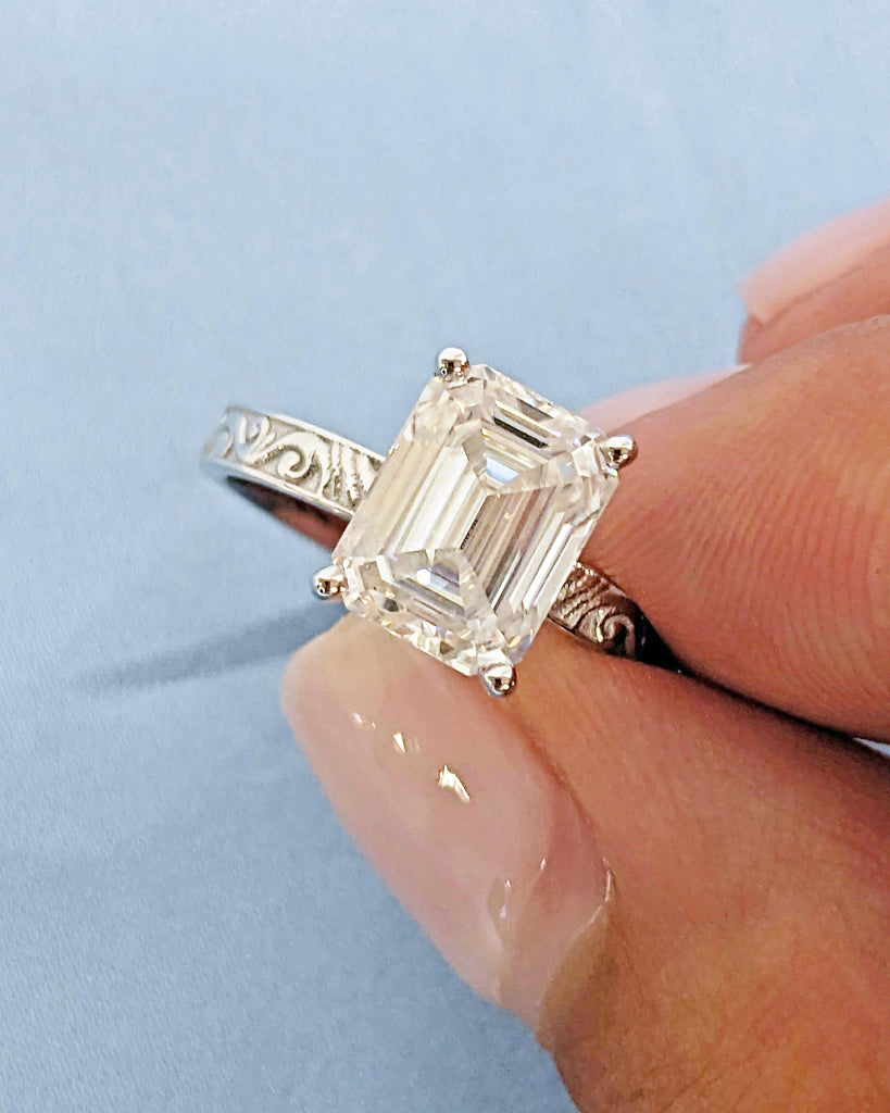 Moissanite Filigree Ring | Emerald Cut Moissanite Engagement Ring | Art Deco Engraved 14K Gold Flower Ring | Unique Vintage Anniversary Ring
