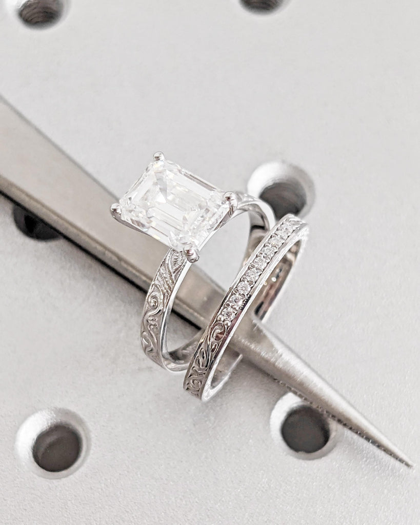 Emerald Cut Moissanite Solitaire Engagement Ring Set, Vintage 14K White Gold Art Deco Antique Band Wedding Ring Set, Unique Anniversary Gift