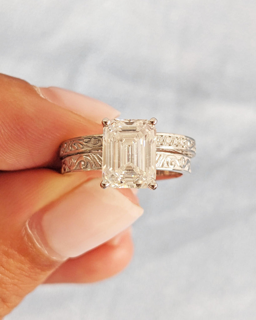 Emerald Cut Moissanite Solitaire Engagement Ring Set, Vintage 14K White Gold Art Deco Antique Band Wedding Ring Set, Unique Anniversary Gift