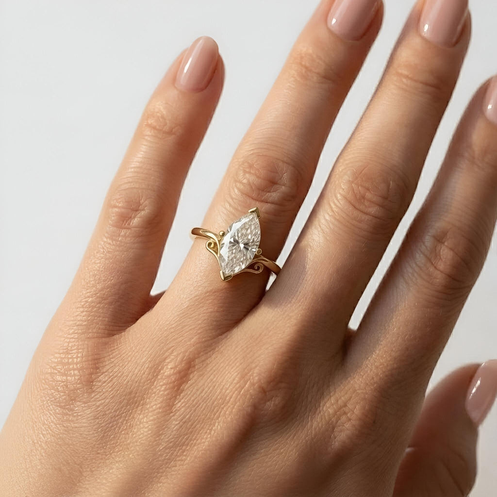 VVS Moissanite Engagement Ring, 0.5-4ct Vintage Filigree Marquise Cut Moissanite Ring, 14K Yellow Gold Solitaire, Bridal Rings, Women's Ring