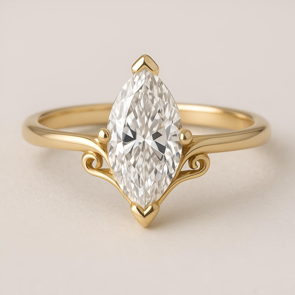 VVS Moissanite Engagement Ring, 0.5-4ct Vintage Filigree Marquise Cut Moissanite Ring, 14K Yellow Gold Solitaire, Bridal Rings, Women's Ring