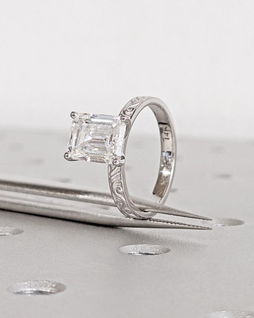 Moissanite Filigree Ring | Emerald Cut Moissanite Engagement Ring | Art Deco Engraved 14K Gold Flower Ring | Unique Vintage Anniversary Ring
