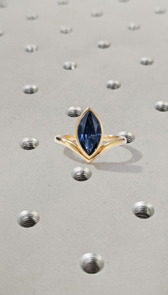 Blue Sapphire Engagement Ring, V Shaped 14k Yellow Gold Bezel Set Ring