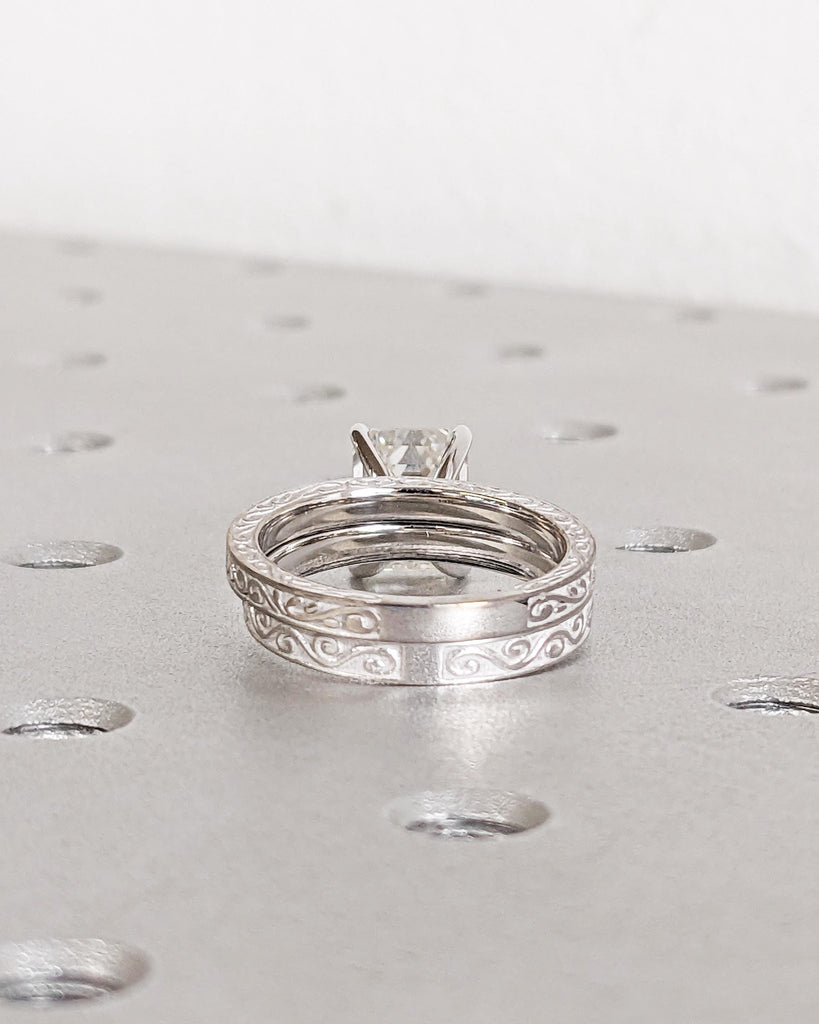 Vintage Filigree Emerald cut Lab Grown Diamond Engagement Ring Set | Art Deco White Gold Woman Wedding Ring | Anniversary Ring Gift for Wife image #6