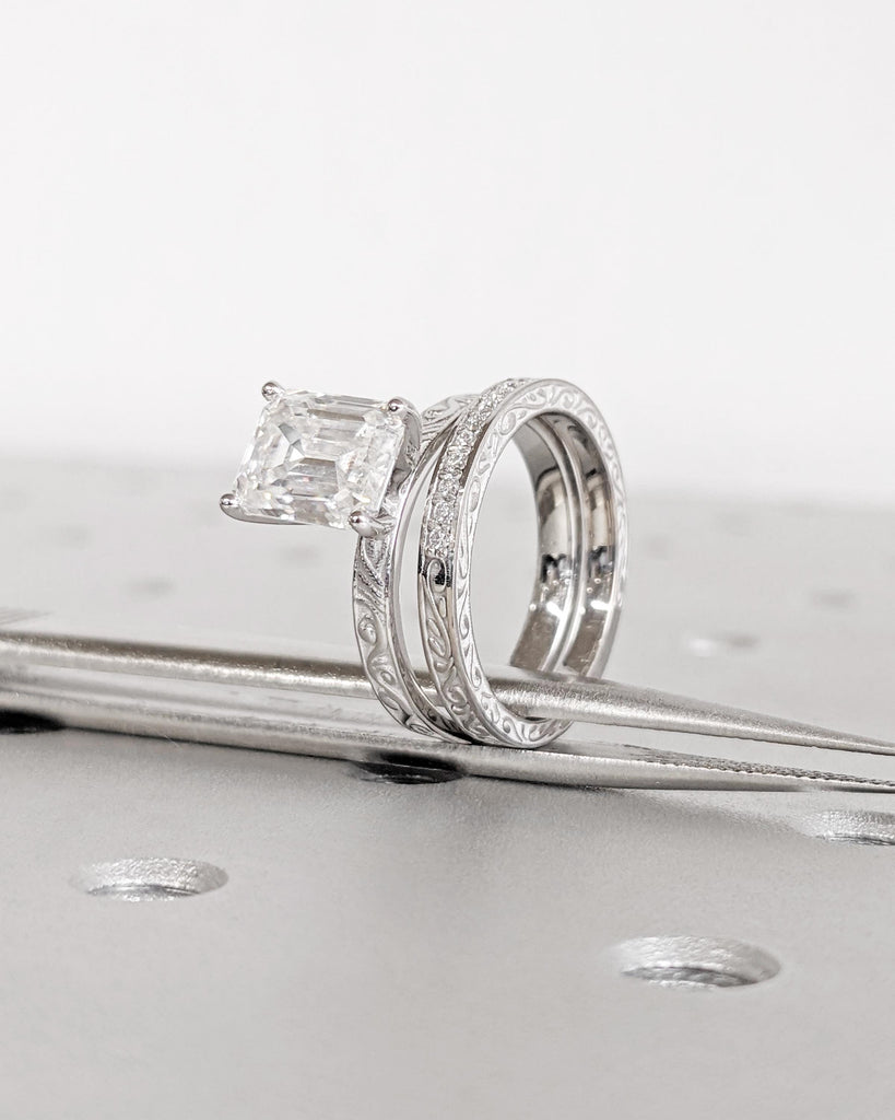 Vintage Filigree Emerald cut Lab Grown Diamond Engagement Ring Set | Art Deco White Gold Woman Wedding Ring | Anniversary Ring Gift for Wife