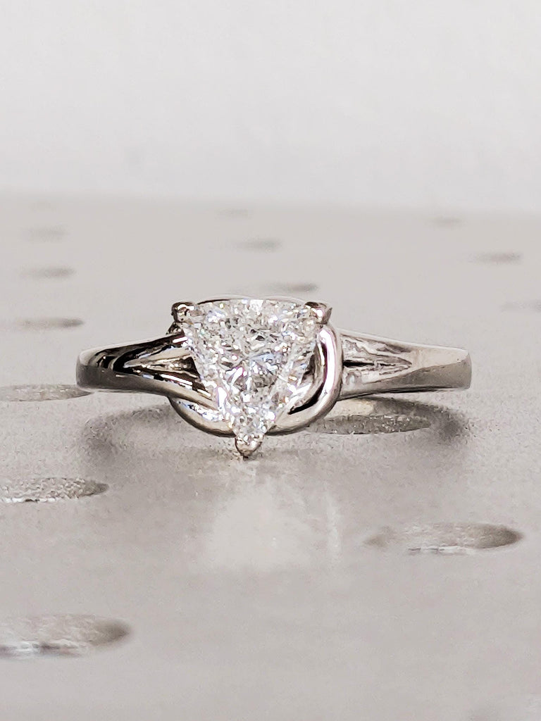 Platinum Gold Knot Solitaire Engagement Ring, Trillion Cut Lab Created Diamond, Women's Wedding Band image #5