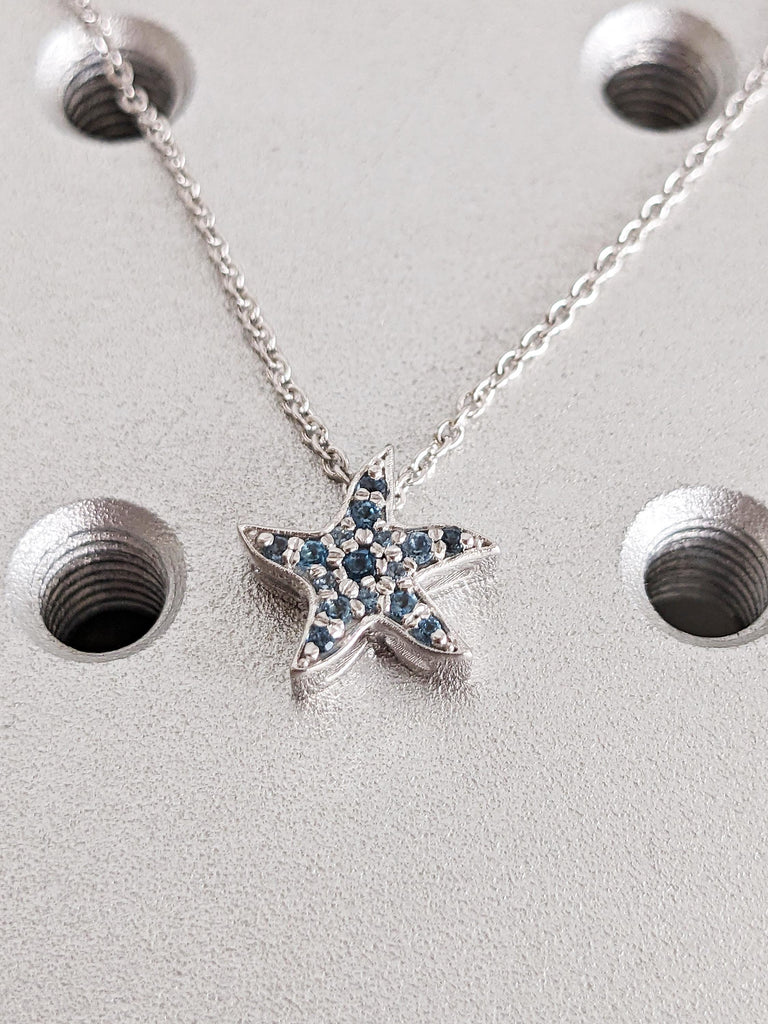 Tropical Star Natural Blue Topaz Pendant, 18K Solid White Gold Round Light Blue Topaz Chain Necklace, Christmas Gift For Her, Custom Jewelry