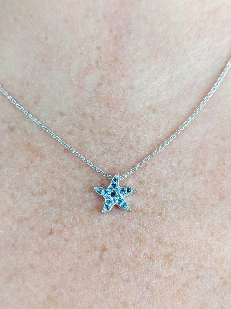 Tropical Star Natural Blue Topaz Pendant, 18K Solid White Gold Round Light Blue Topaz Chain Necklace, Christmas Gift For Her, Custom Jewelry