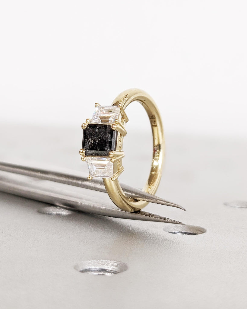 Three Stone Emerald Cut Salt and Pepper Diamond Engagement Ring, Trapezoid Moissanite, 3 Stone Wedding Ring for Women, Natural Diamond Ring image #5