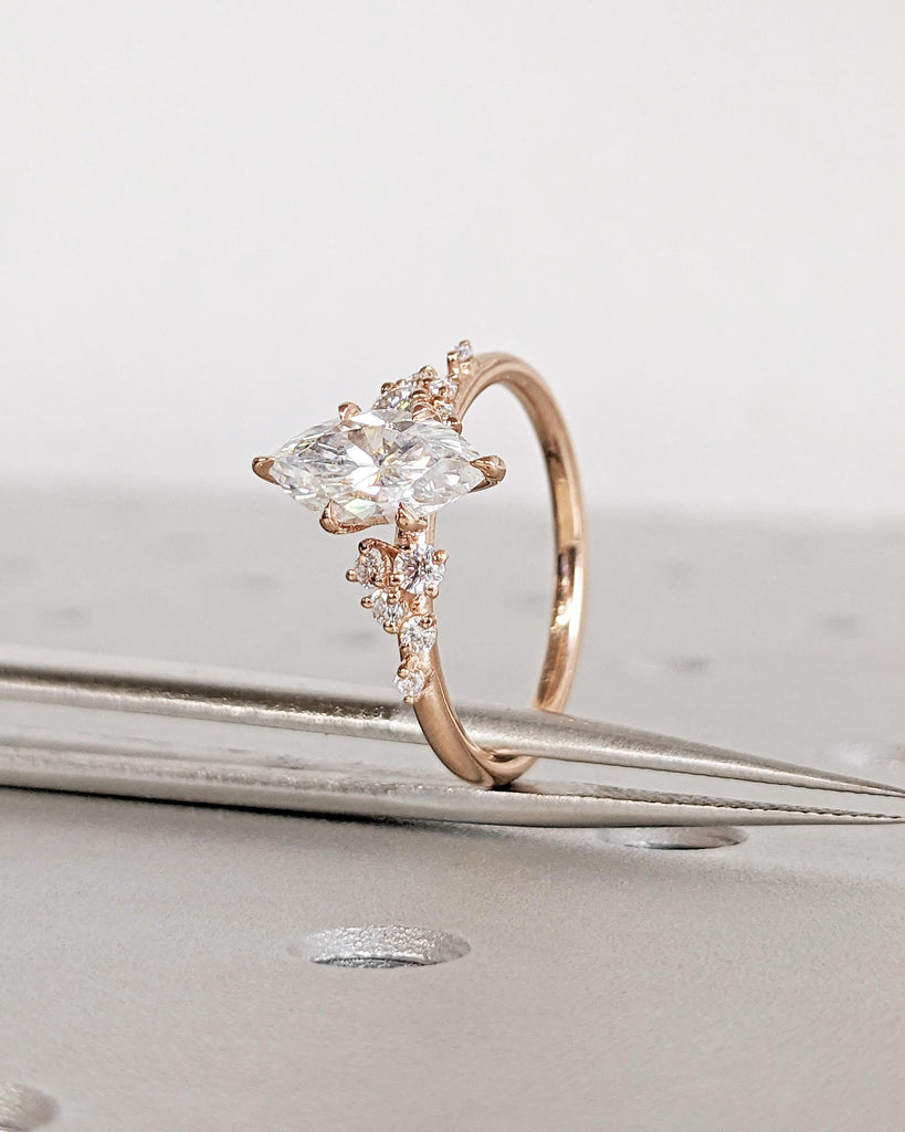 Marquise Cut Moissanite Ring Vintage Moissanite Engagement Ring Solid Gold Unique Snowdrift 6 Prongs Engagement Ring Diamond Wedding Ring