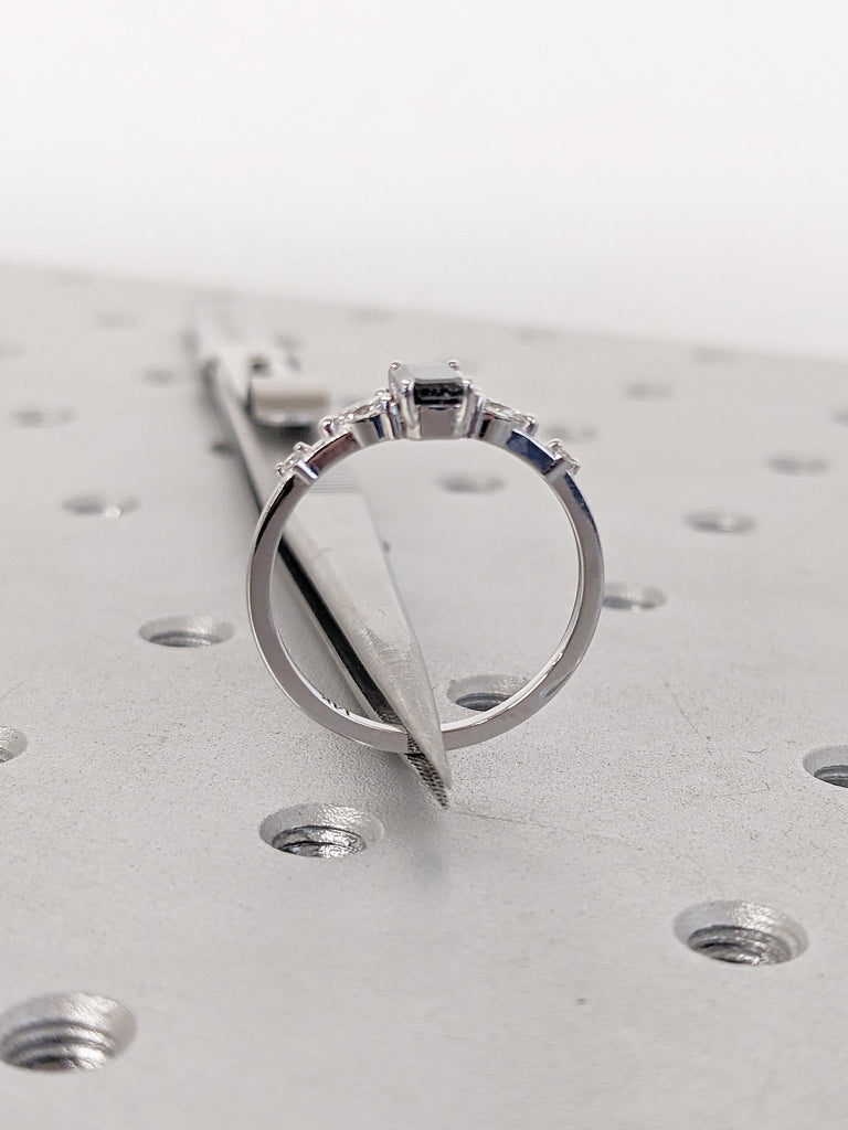 Emerald Cut Salt and Pepper Diamond Engagement Ring, Unique 14k White Gold Ring