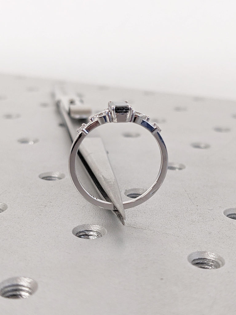 0.5-2.25ct Salt and Pepper Diamond Ring, Vintage 18k/14k White Gold Emerald Cut Engagement Ring, Round, Marquise Moissanite Side Stones