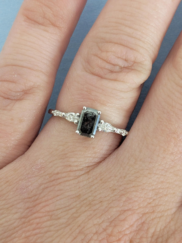 Emerald Cut Salt and Pepper Diamond Engagement Ring, Unique 14k White Gold Ring