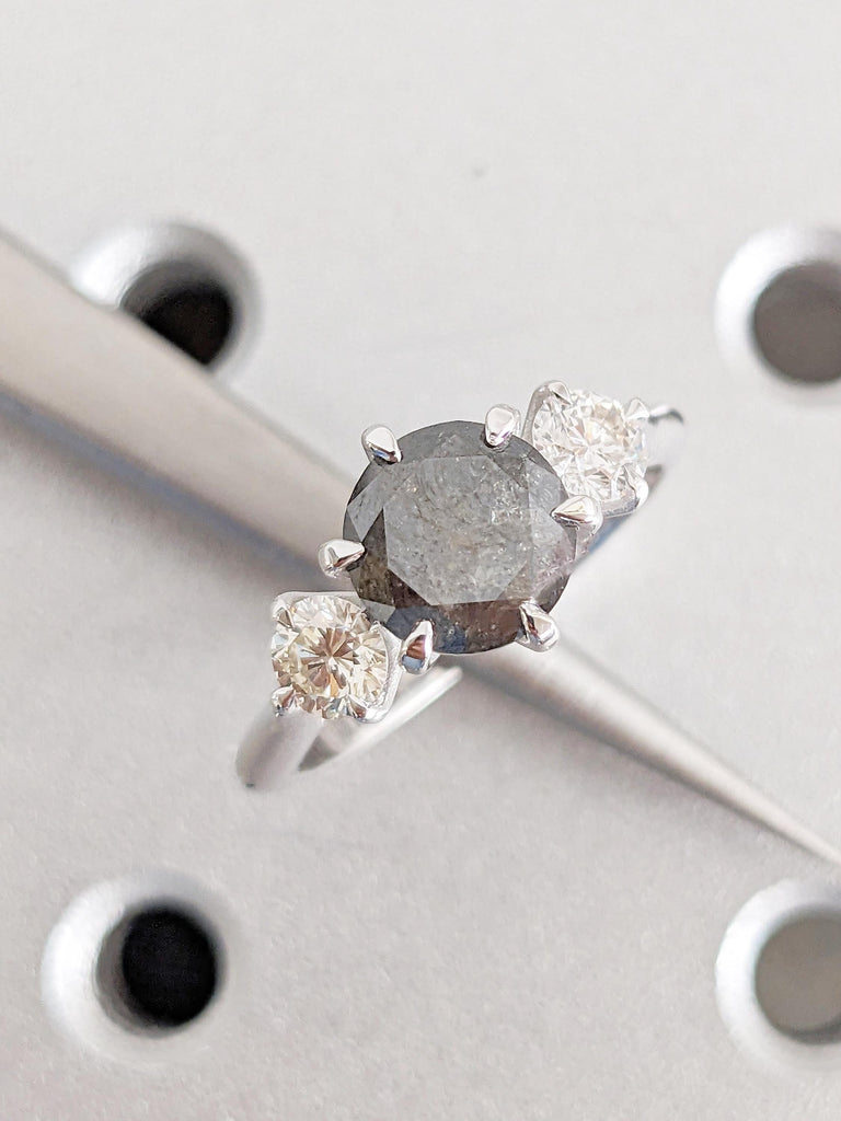 Unique 14k White Gold Salt and Pepper Diamond Engagement Ring, Polished Finish Round Cut Trellis Setting Ring, Past Present Future Ring