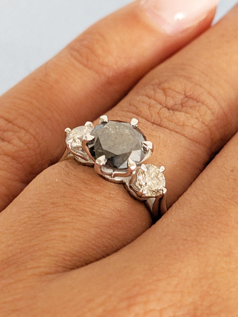 Unique 14k White Gold Salt and Pepper Diamond Engagement Ring, Polished Finish Round Cut Trellis Setting Ring, Past Present Future Ring