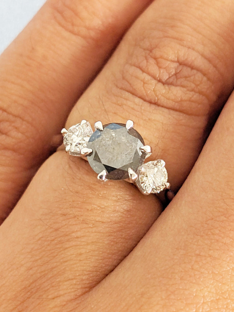 Unique 14k White Gold Salt and Pepper Diamond Engagement Ring, Polished Finish Round Cut Trellis Setting Ring, Past Present Future Ring