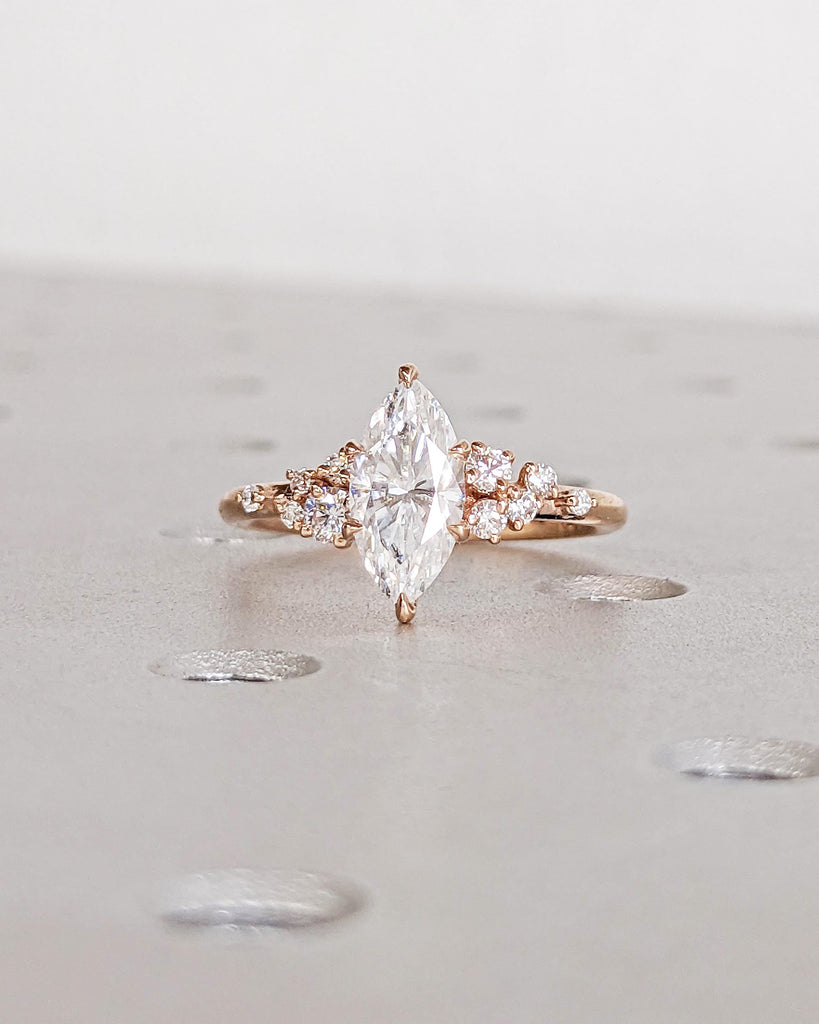 Marquise Moissanite Engagement Ring, 14K Rose Gold, Snowdrift Diamond Cluster, Vintage Wedding Ring